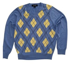 Brooks Brothers Country Club Mens V Neck Argyle Sweater Silk Cotton Blend Blue M